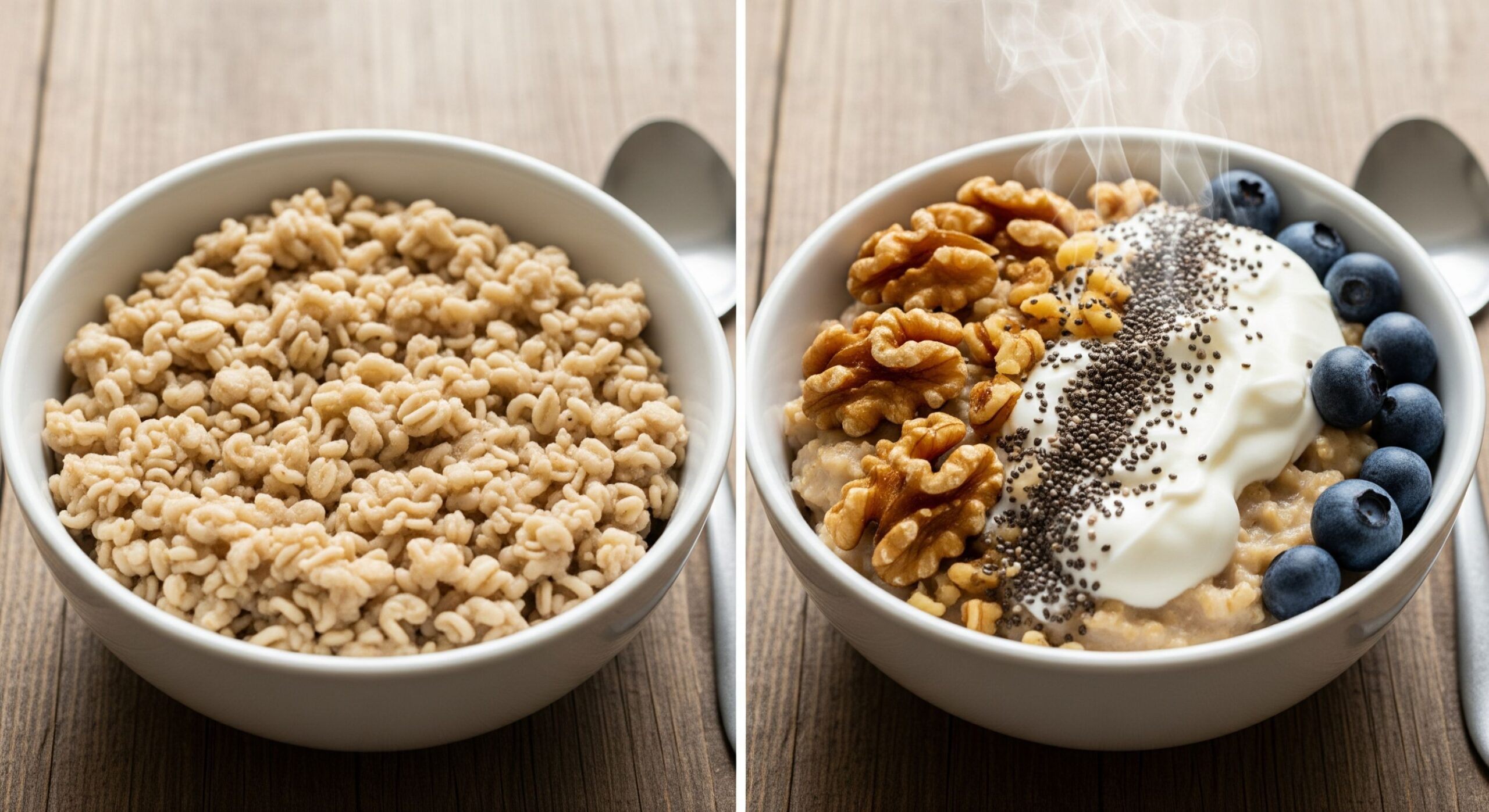Comparison: Plain instant oatmeal vs. Oatmeal topped with walnuts, chia seeds, and berries