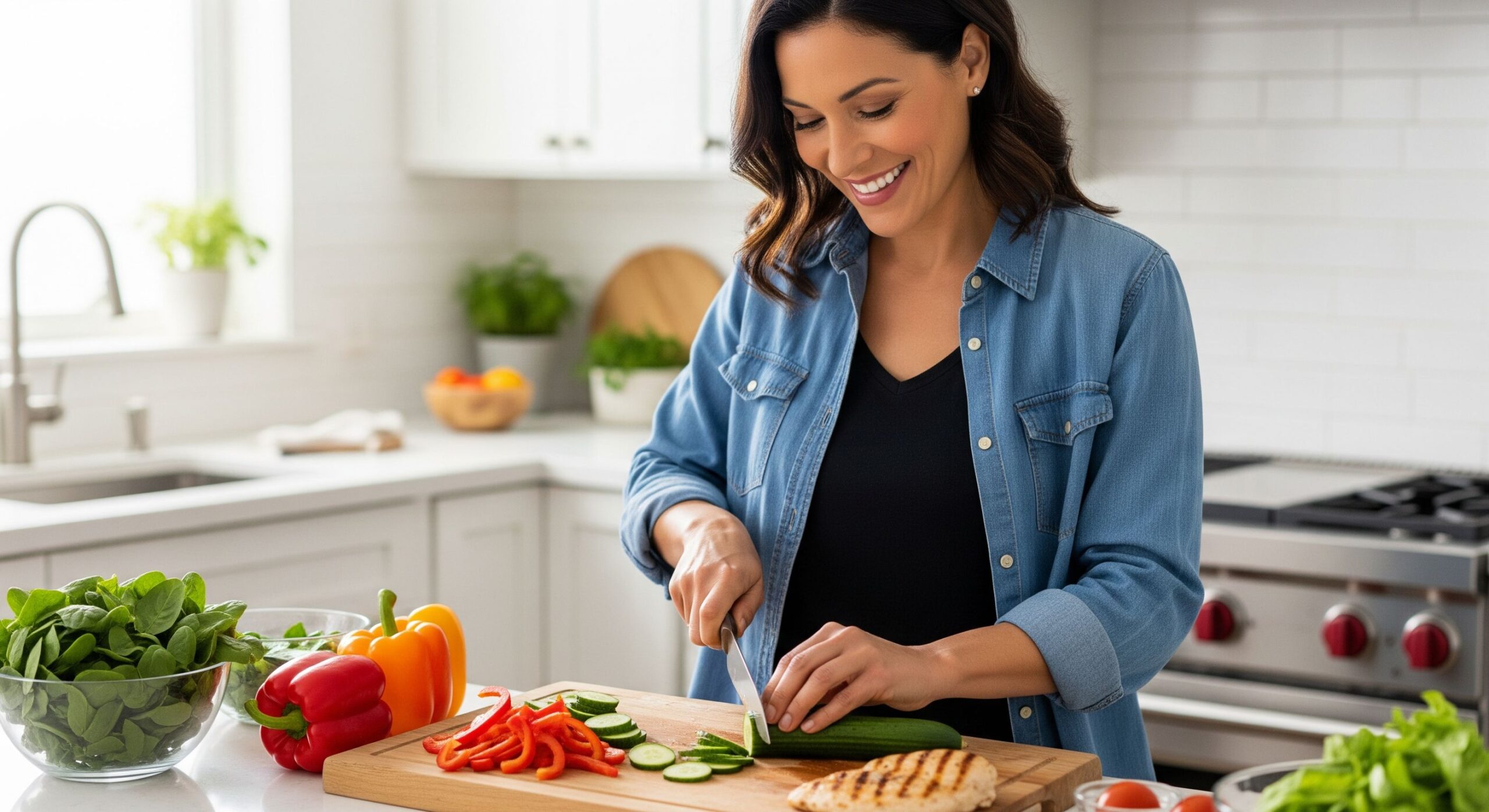 A woman preparing a heart-healthy meal to manage high blood pressure.