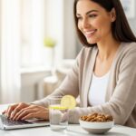 A smiling woman working at a laptop with a bowl of mixed nuts and lemon water, demonstrating a healthy, protein-rich alternative to naked carbs.