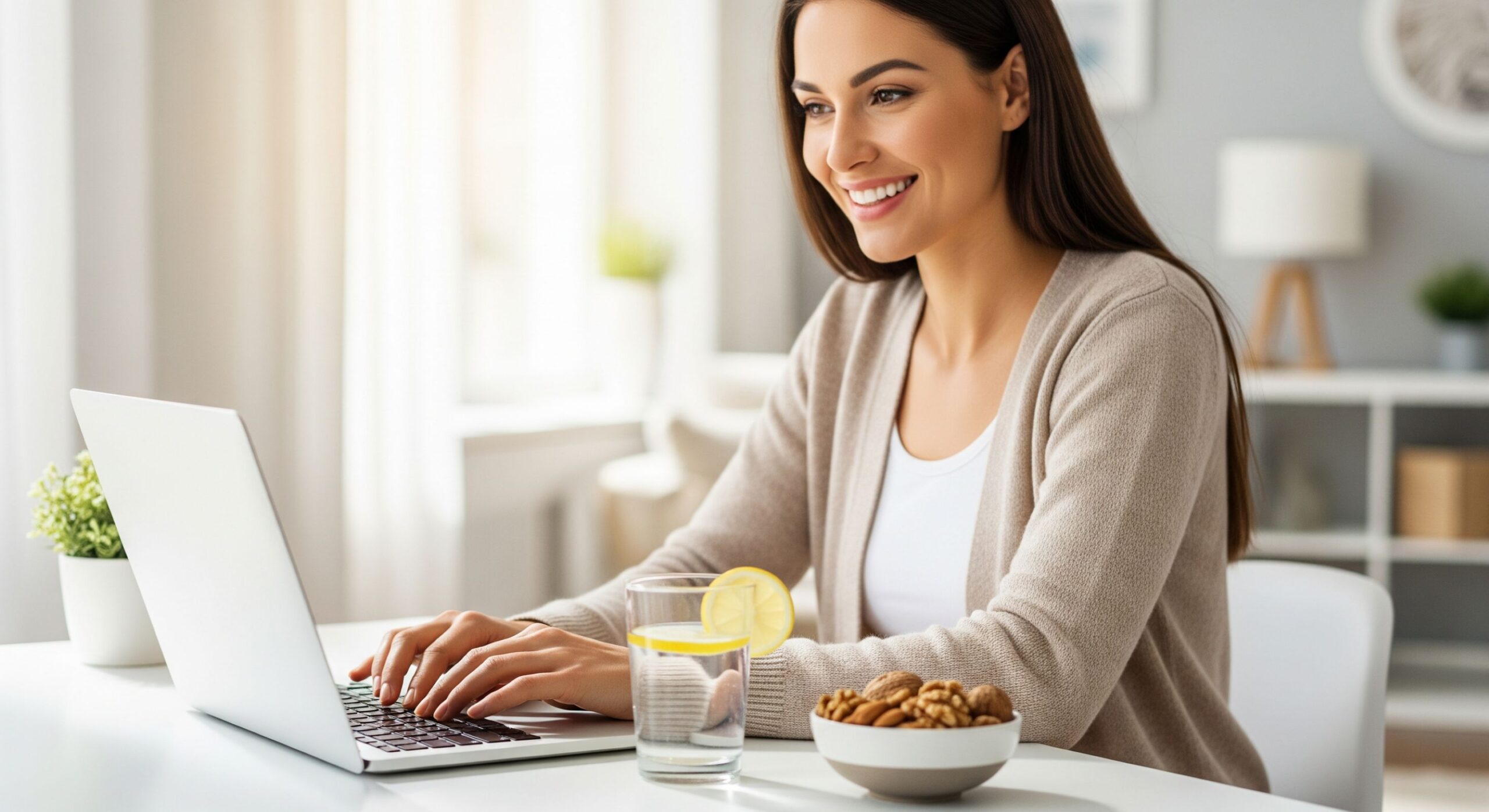 A smiling woman working at a laptop with a bowl of mixed nuts and lemon water, demonstrating a healthy, protein-rich alternative to naked carbs.