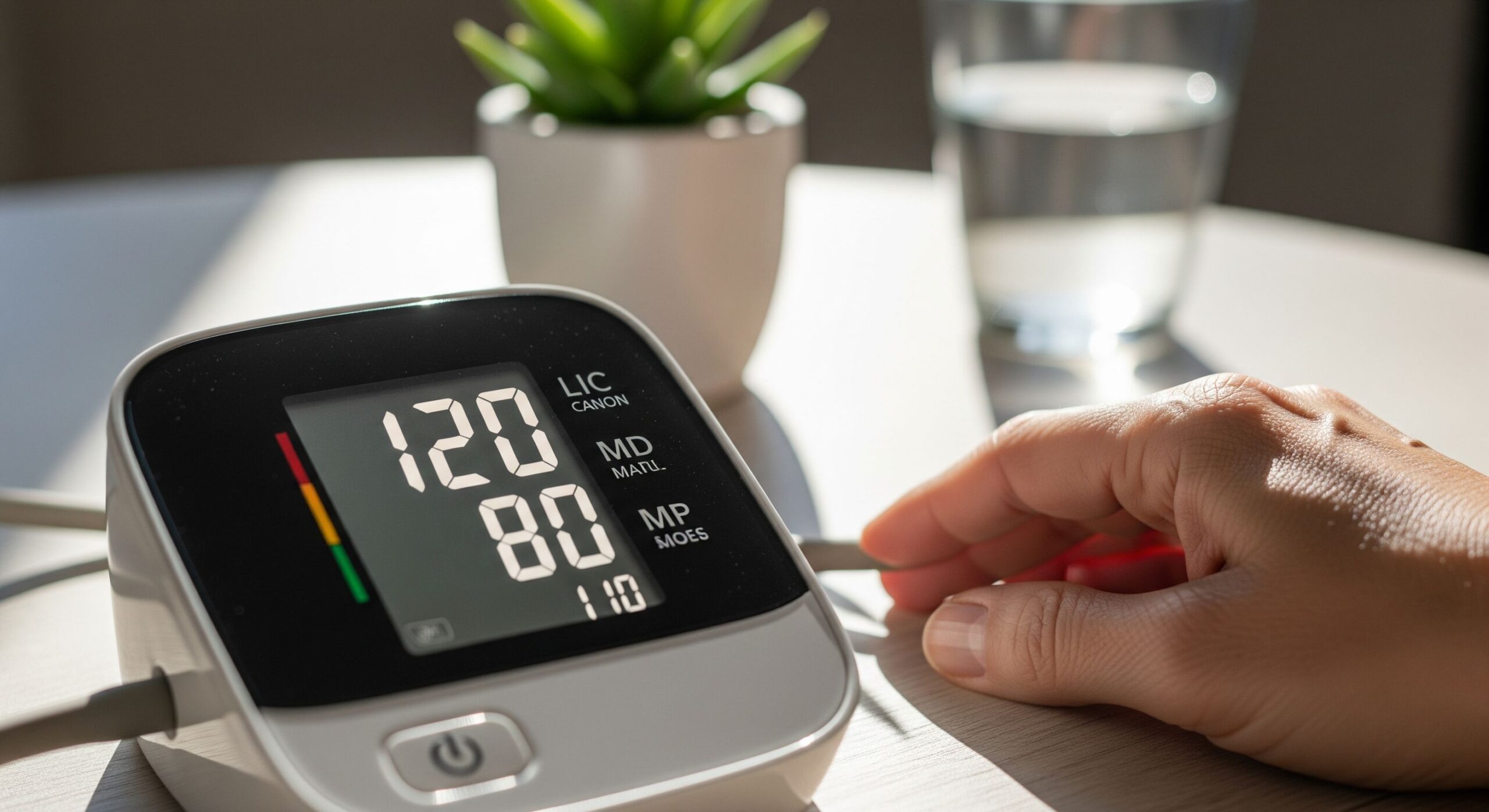 A digital blood pressure monitor showing a normal reading, a tool for managing high blood pressure and preventing heart disease.