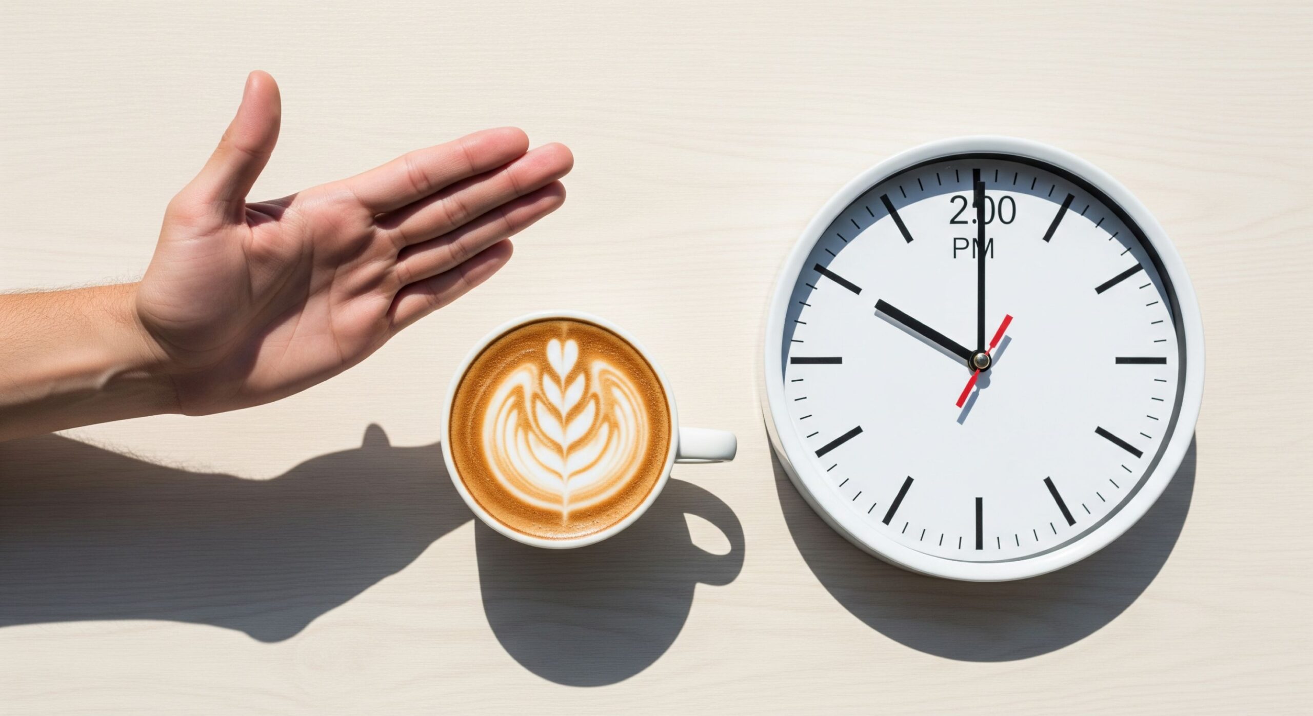 Hand gesturing to stop a cup of latte next to a clock showing 2:00 PM, illustrating a caffeine cutoff time.