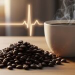 A cup of hot coffee and a pile of coffee beans on a table, with a glowing normal heart rhythm EKG line in the background.
