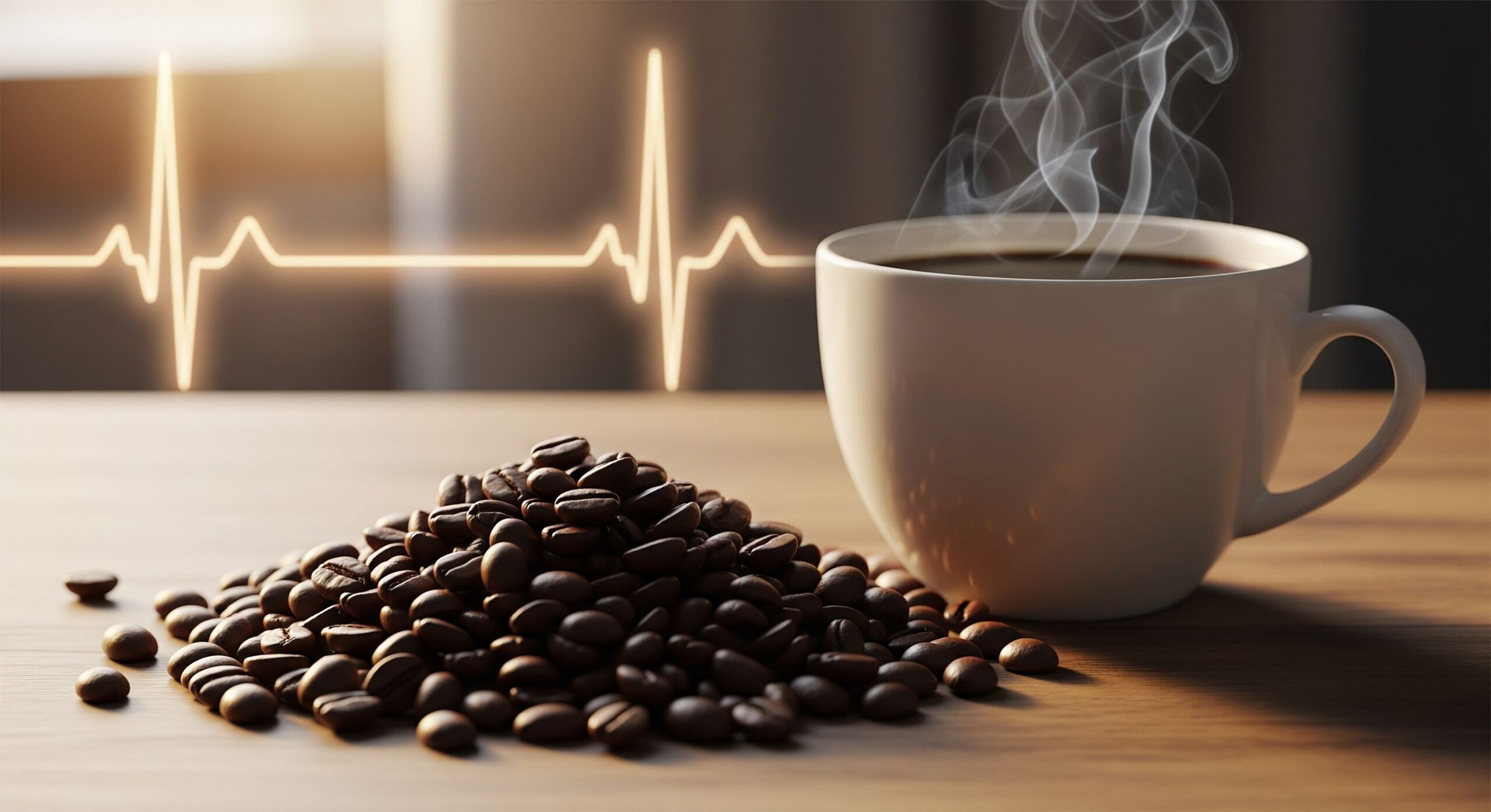 A cup of hot coffee and a pile of coffee beans on a table, with a glowing normal heart rhythm EKG line in the background.