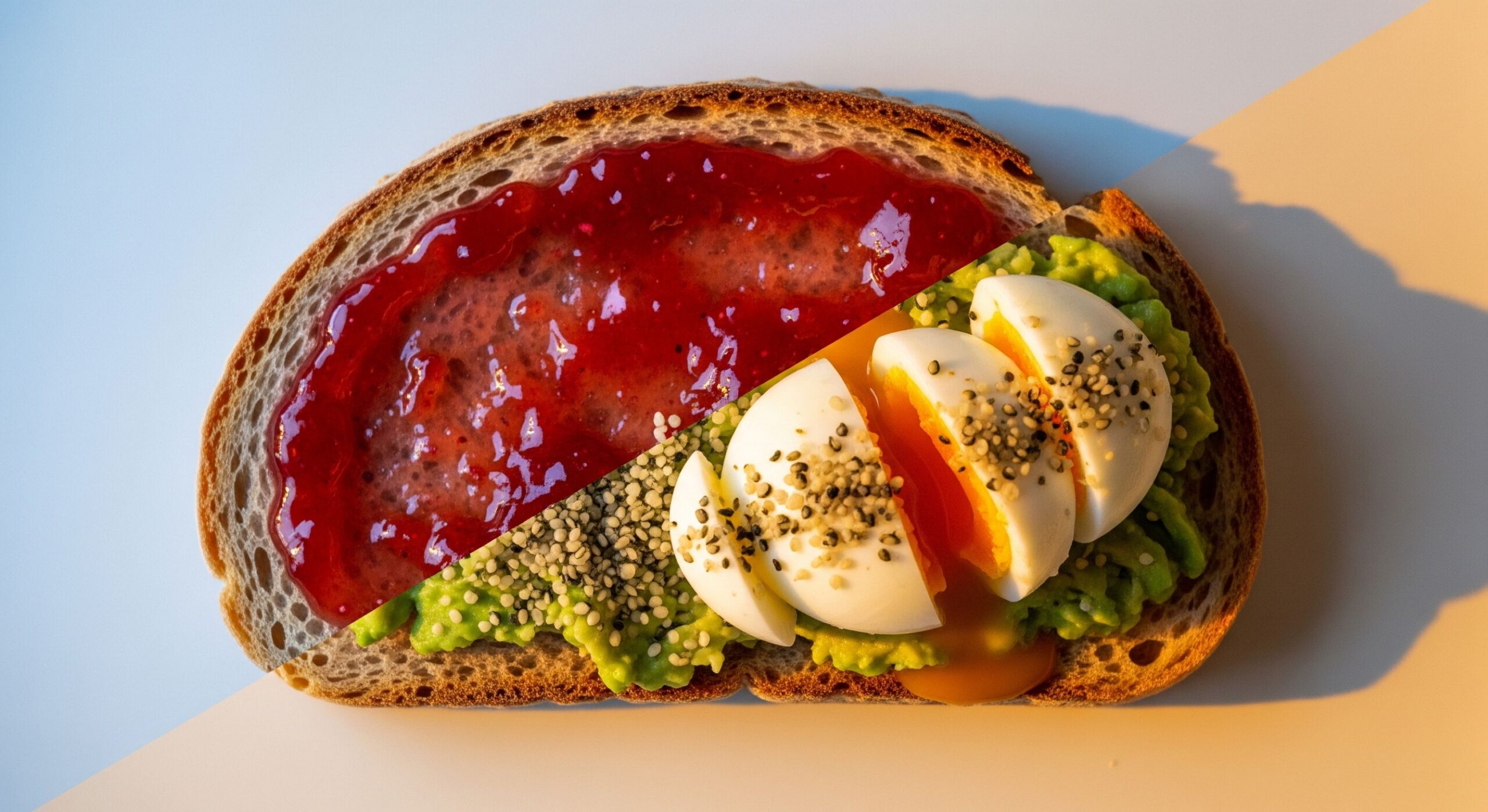 A conceptual top-down shot of sourdough toast split diagonally; the top half is covered in sugary jam representing naked carbs, while the bottom half is topped with avocado, egg, and seeds for protein balance.