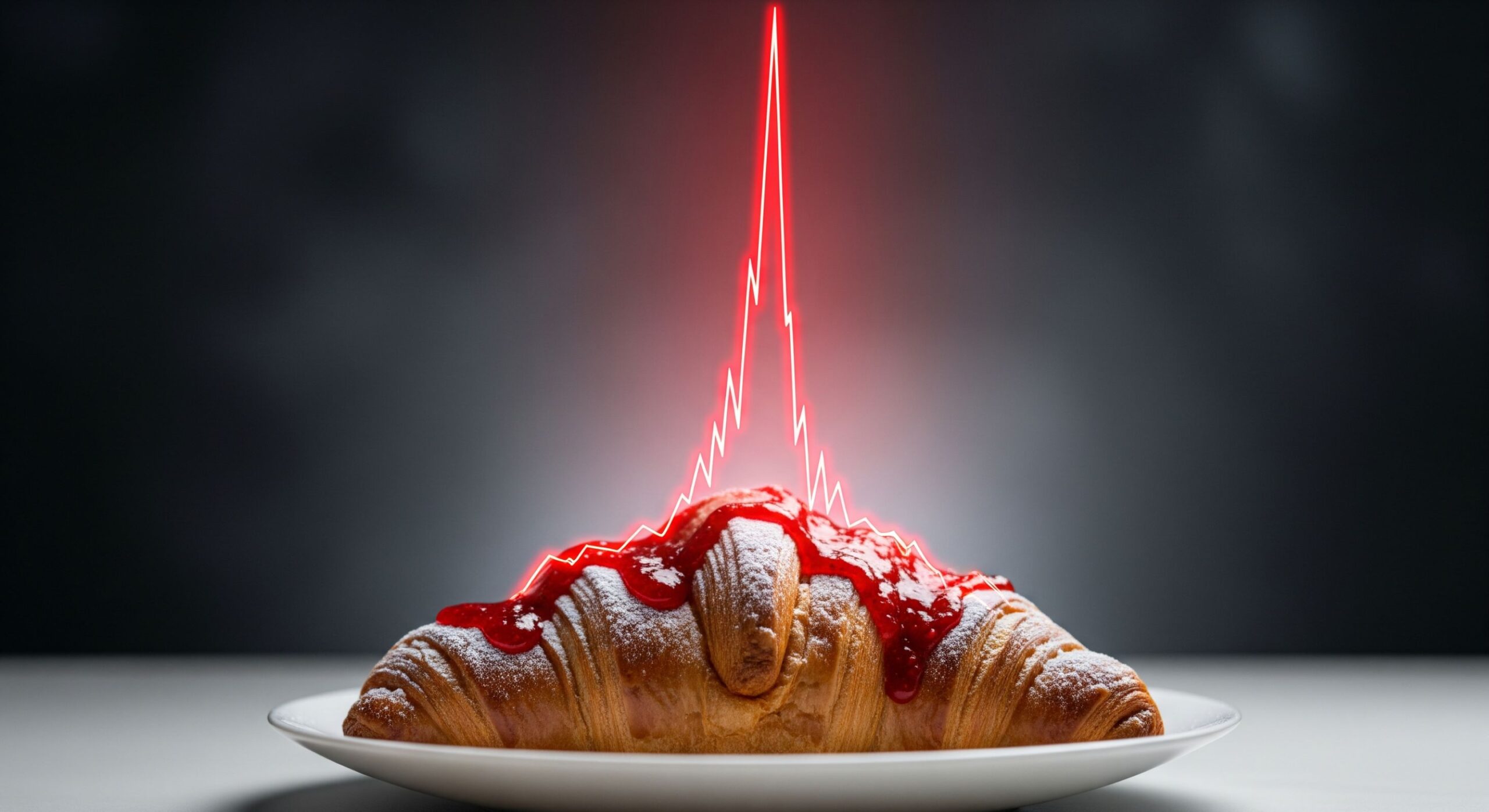 A croissant with a red line graph overlaid showing a massive blood sugar spike