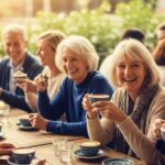 A group of smiling seniors and adults sitting at an outdoor cafe table, talking and drinking coffee.