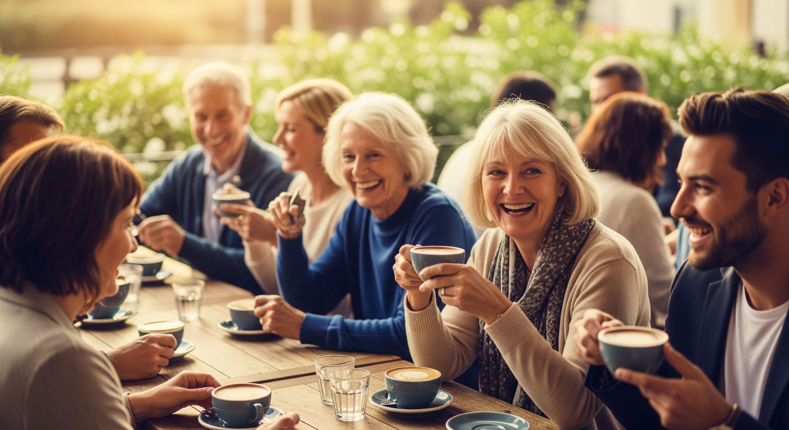 A group of smiling seniors and adults sitting at an outdoor cafe table, talking and drinking coffee.