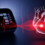 A medical graphic illustrating the "silent link" between high blood pressure and heart disease, showing a high reading on a blood pressure monitor (140/90) connected by a red EKG line to a stressed, glowing anatomical heart.