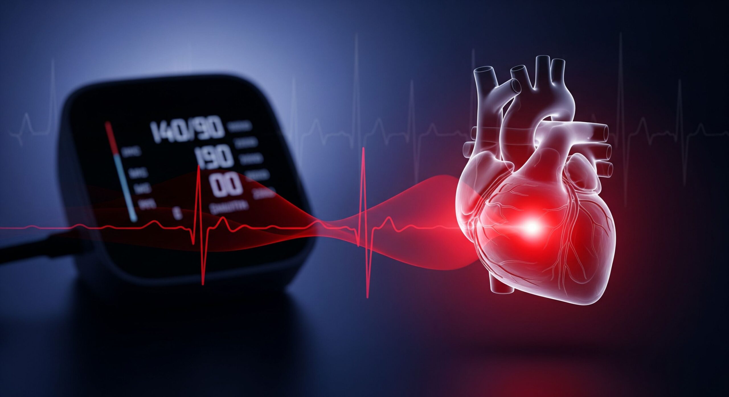 A medical graphic illustrating the "silent link" between high blood pressure and heart disease, showing a high reading on a blood pressure monitor (140/90) connected by a red EKG line to a stressed, glowing anatomical heart.