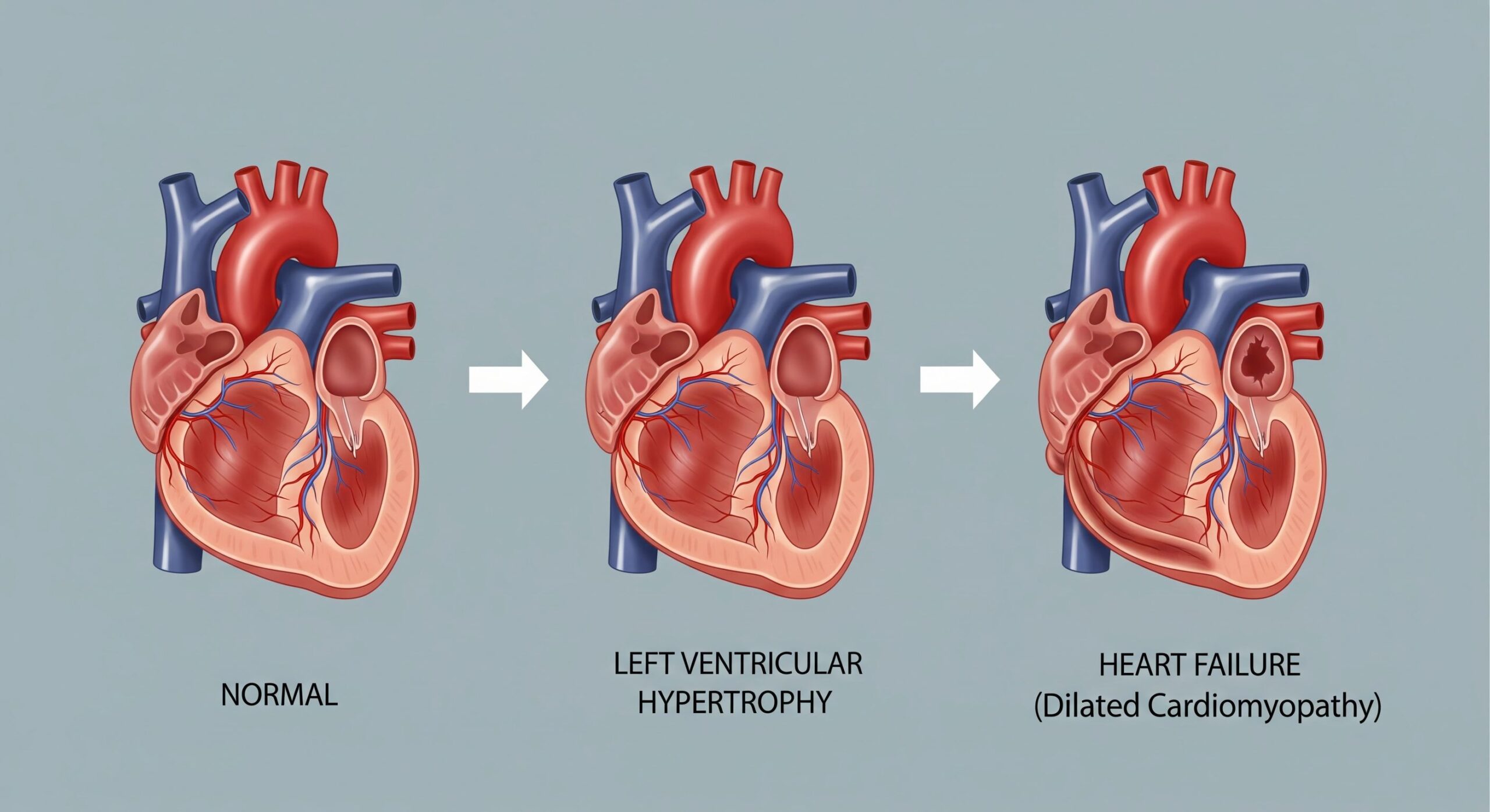 A medical diagram showing how high blood pressure progresses to Left Ventricular Hypertrophy and heart failure.