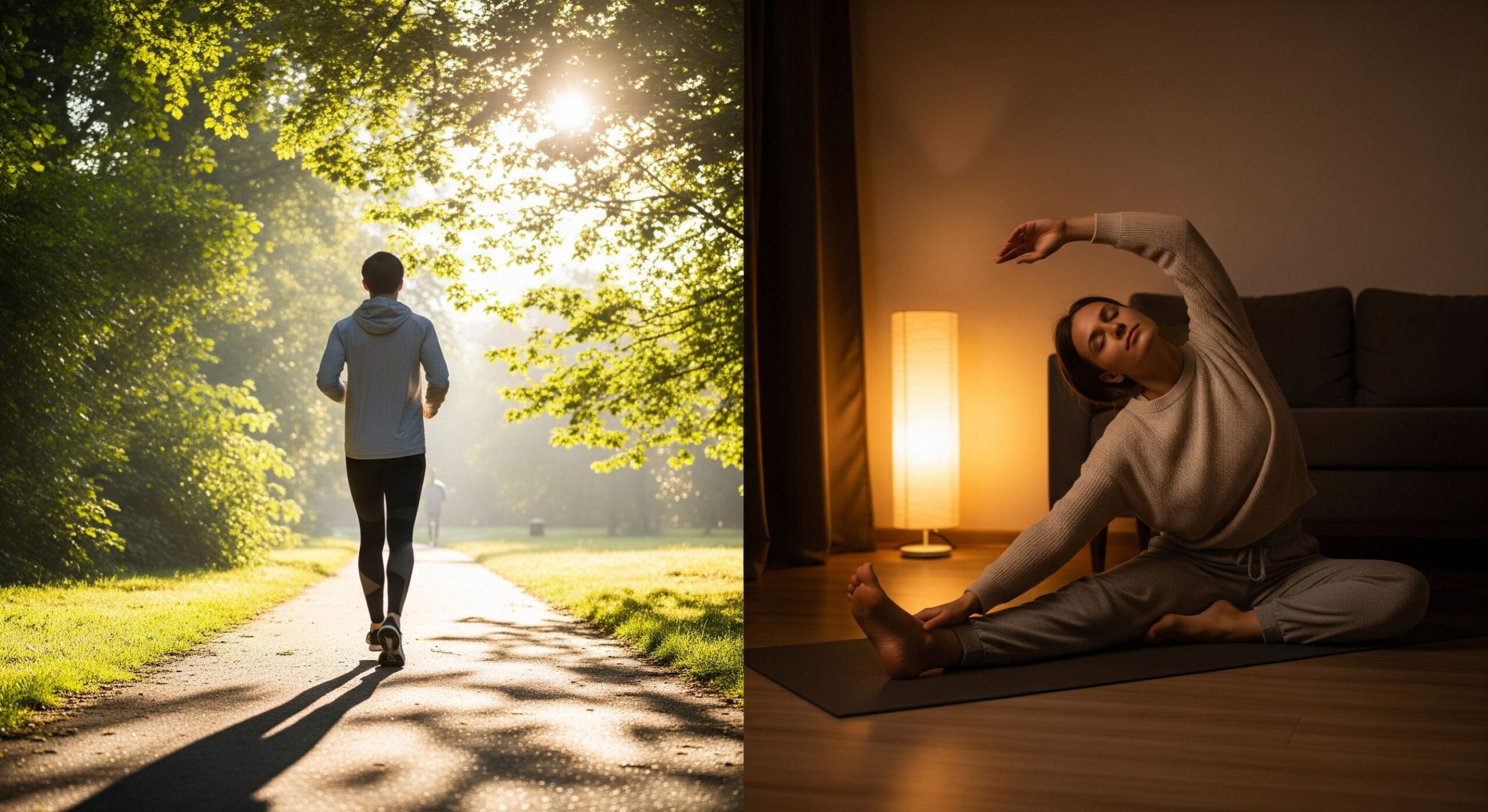 Split screen showing a man running in the morning sun on the left and a woman stretching in dim light on the right.