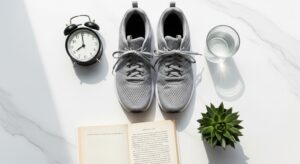 Flat lay of gray running shoes, black alarm clock, glass of water, and open book on a white marble table, illustrating a healthy morning routine for better sleep.