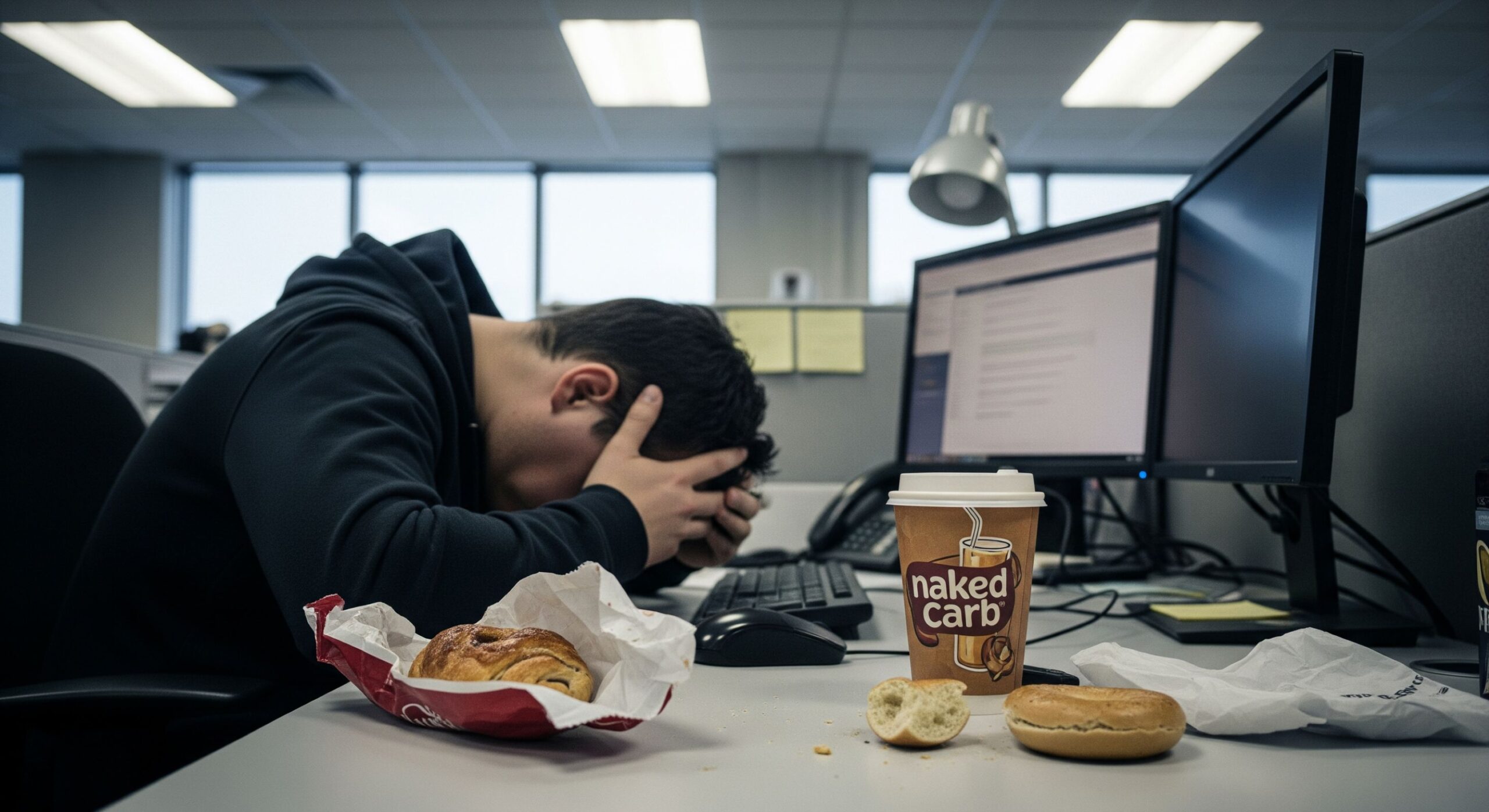 Office worker experiencing an energy crash at their desk with pastries and coffee