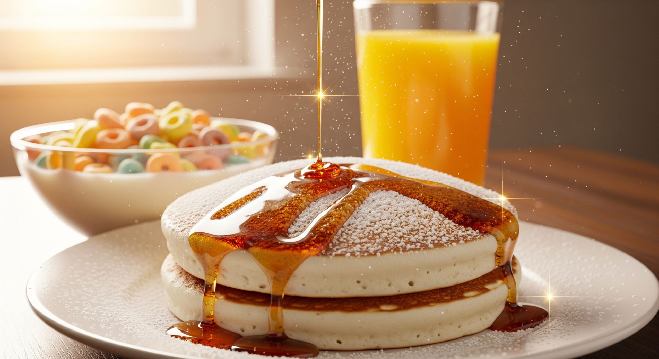 A breakfast spread of pancakes with syrup, juice, and cereal - a classic sugar spike example