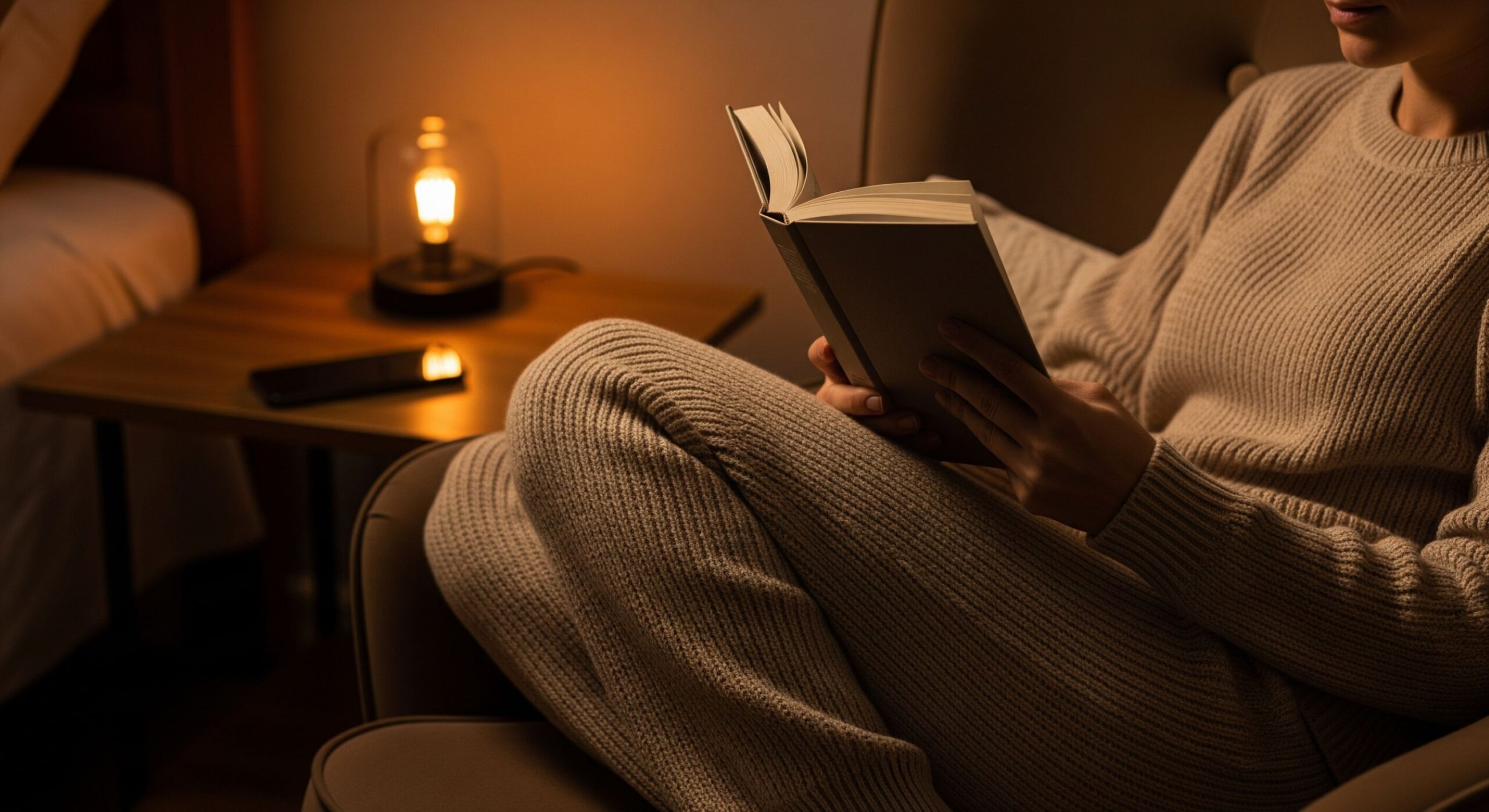 Person reading a book in a dimly lit room with a warm lamp, practicing a digital sunset.