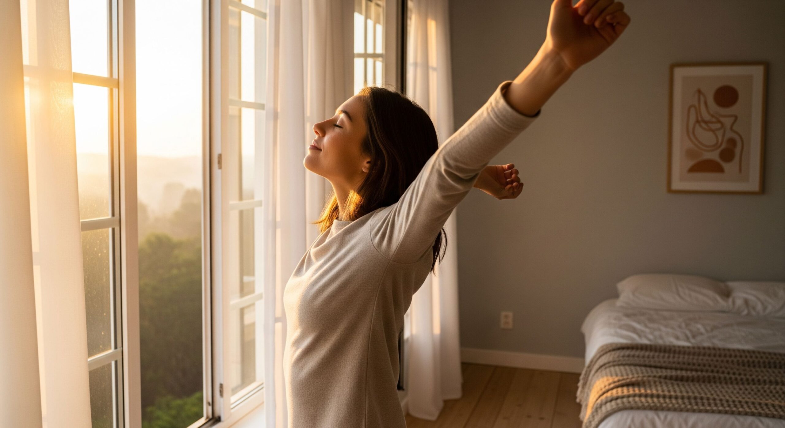 Glass of water with lemon slice on a wooden bedside table, illuminated by bright morning sunlight casting crisp shadows, next to a closed leather notebook and pen.