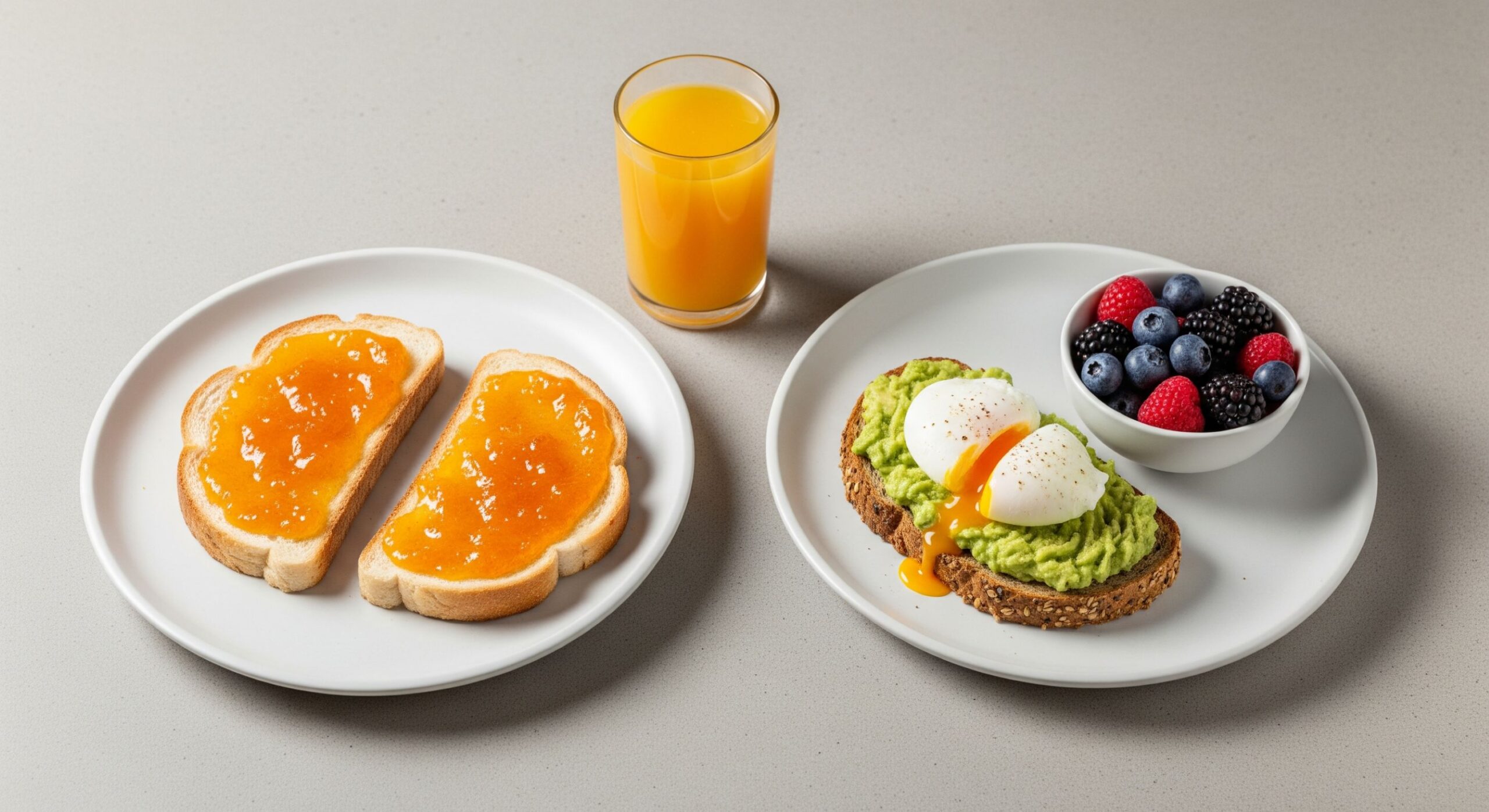 Side-by-side comparison: Toast with jam (naked carbs) vs. Toast with avocado and poached egg (clothed carbs)