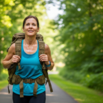 Middle-aged woman rucking on a forested path, embodying affordable healthspan through simple outdoor exercise.
