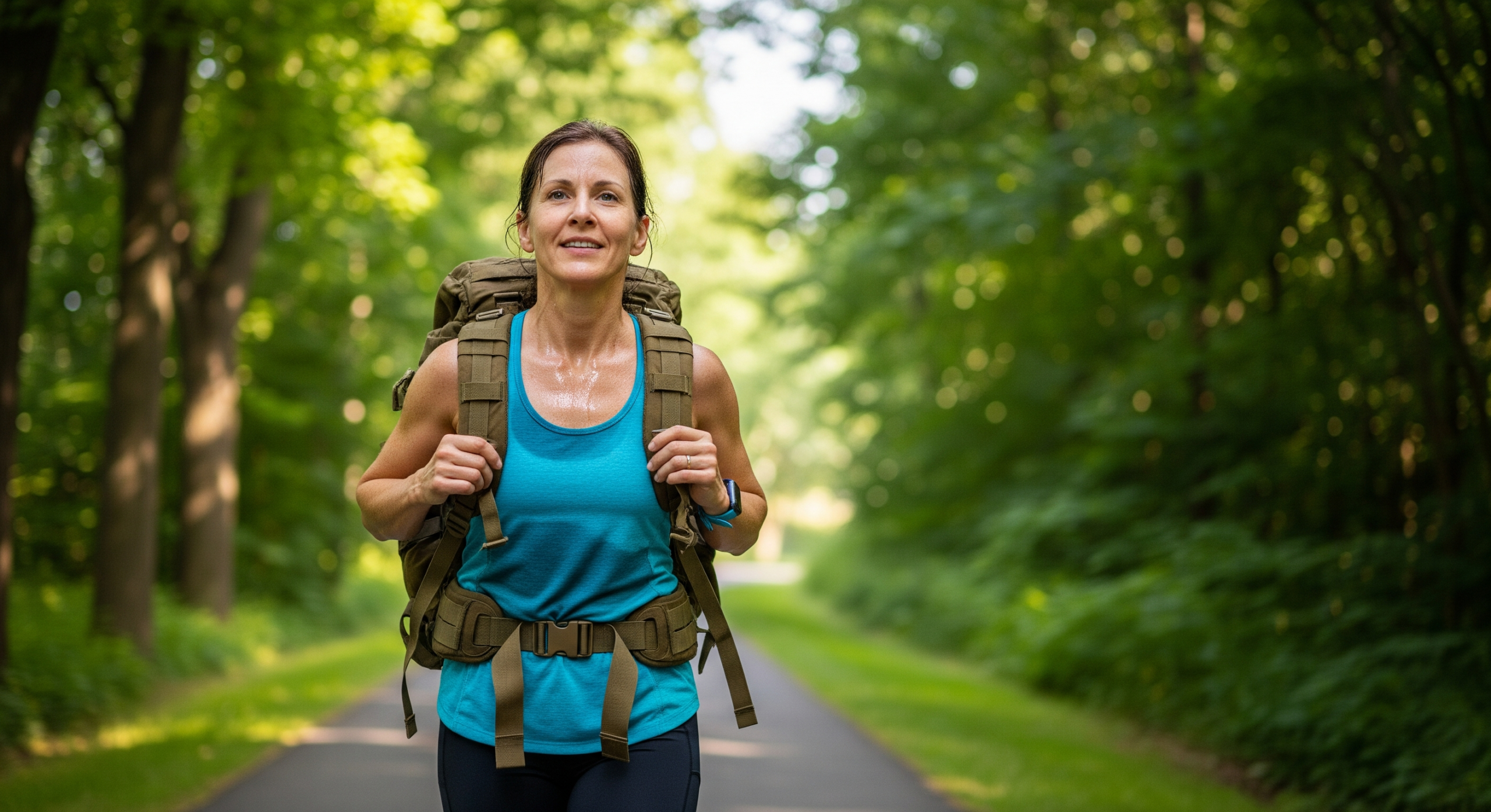 Middle-aged woman rucking on a forested path, embodying affordable healthspan through simple outdoor exercise.