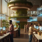 Futuristic scene of diverse people in a modern eco-friendly market interacting with holographic displays of nutritional data and graphs on fresh produce, embodying the concept of Food as Medicine in 2026.