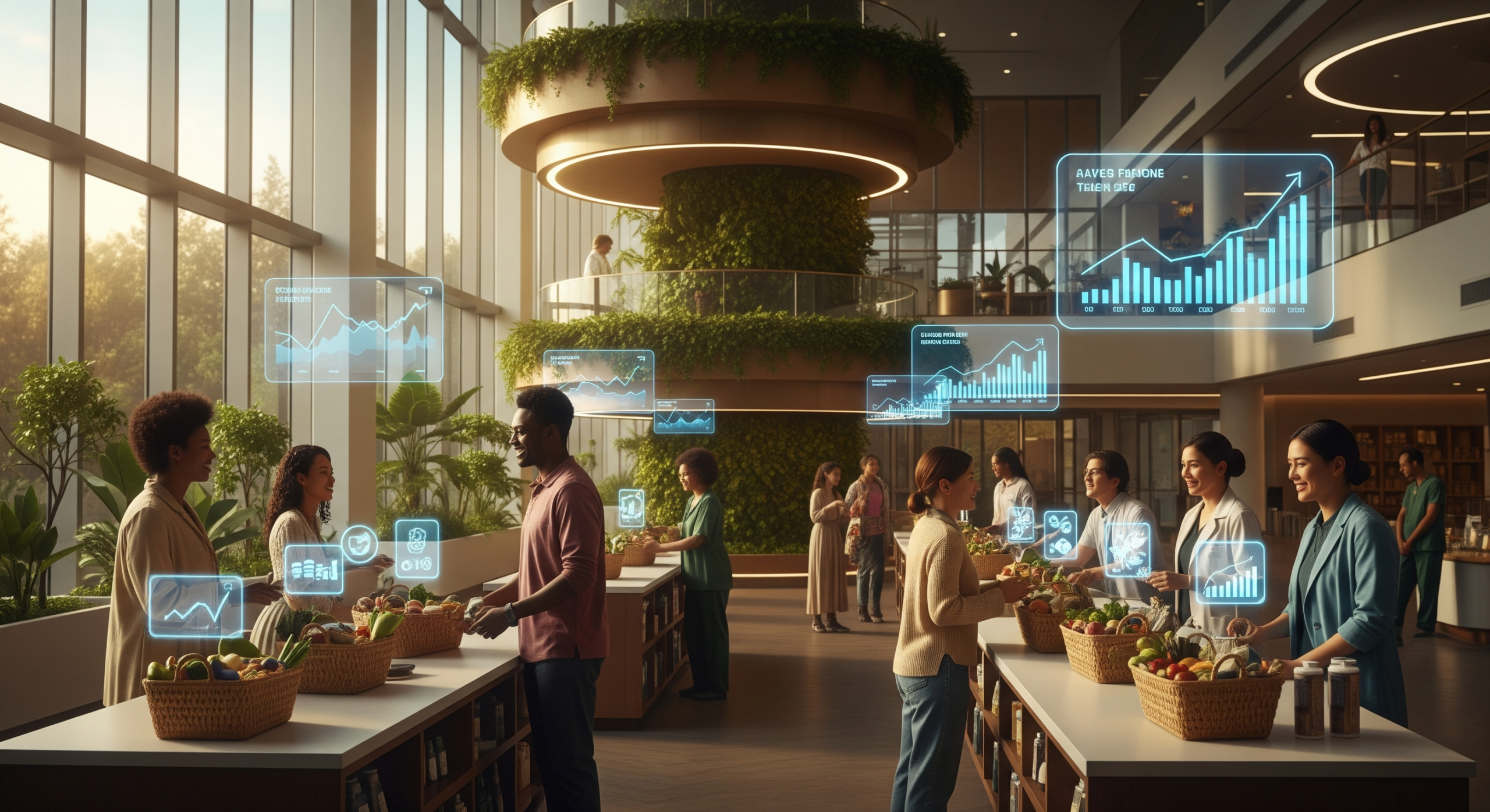 Futuristic scene of diverse people in a modern eco-friendly market interacting with holographic displays of nutritional data and graphs on fresh produce, embodying the concept of Food as Medicine in 2026.