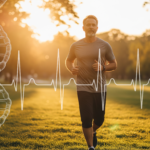 Middle-aged man jogging in a park at sunset with overlaid DNA helix and ECG heartbeat line, symbolizing GLP-1 heart savior benefits