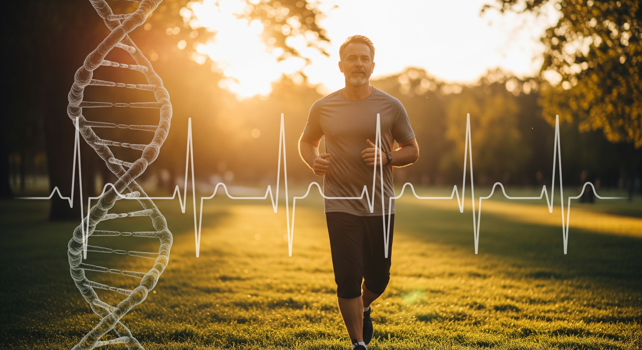 Middle-aged man jogging in a park at sunset with overlaid DNA helix and ECG heartbeat line, symbolizing GLP-1 heart savior benefits