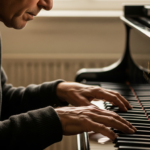 Elderly man playing a grand piano in a dimly lit room, viewed from the side with focus on his hands on the keys, illustrating healthy aging through cognitive activities.