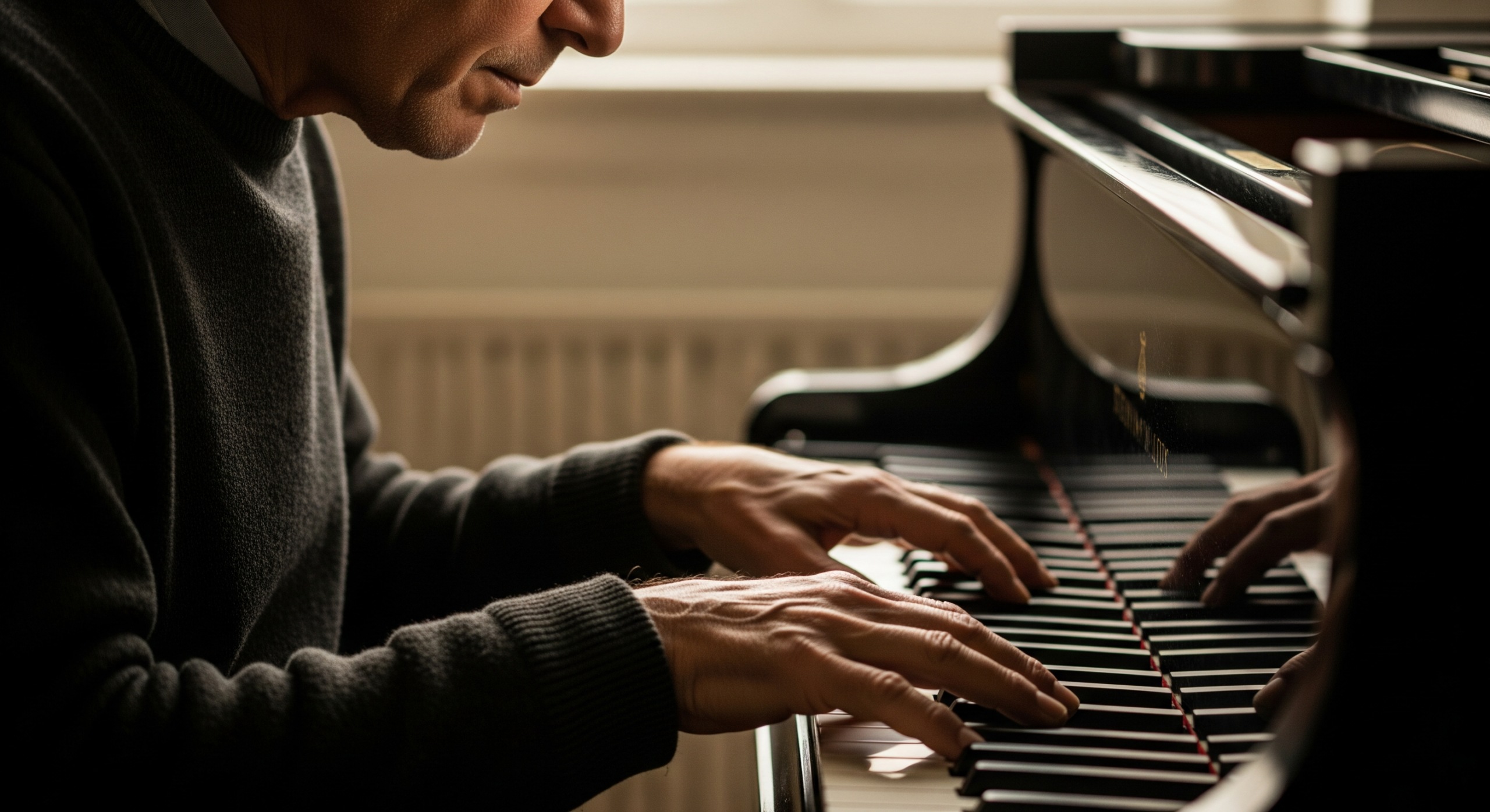 Elderly man playing a grand piano in a dimly lit room, viewed from the side with focus on his hands on the keys, illustrating healthy aging through cognitive activities.