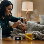 Mother caring for sick child with high fever from H3N2 Super Flu, thermometer reading 103°F, hot tea, and hand sanitizer on table.