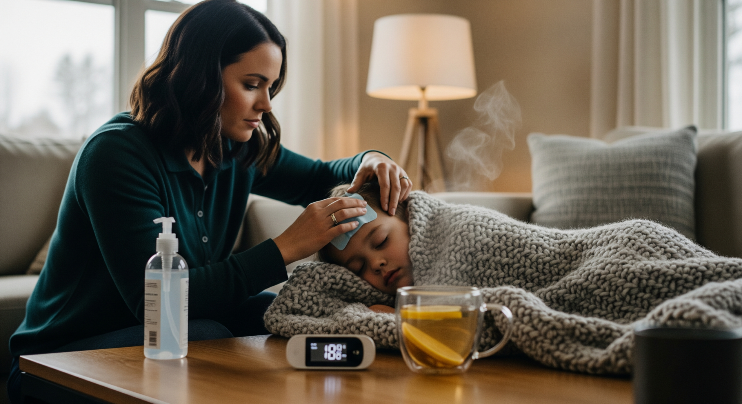 Mother caring for sick child with high fever from H3N2 Super Flu, thermometer reading 103°F, hot tea, and hand sanitizer on table.