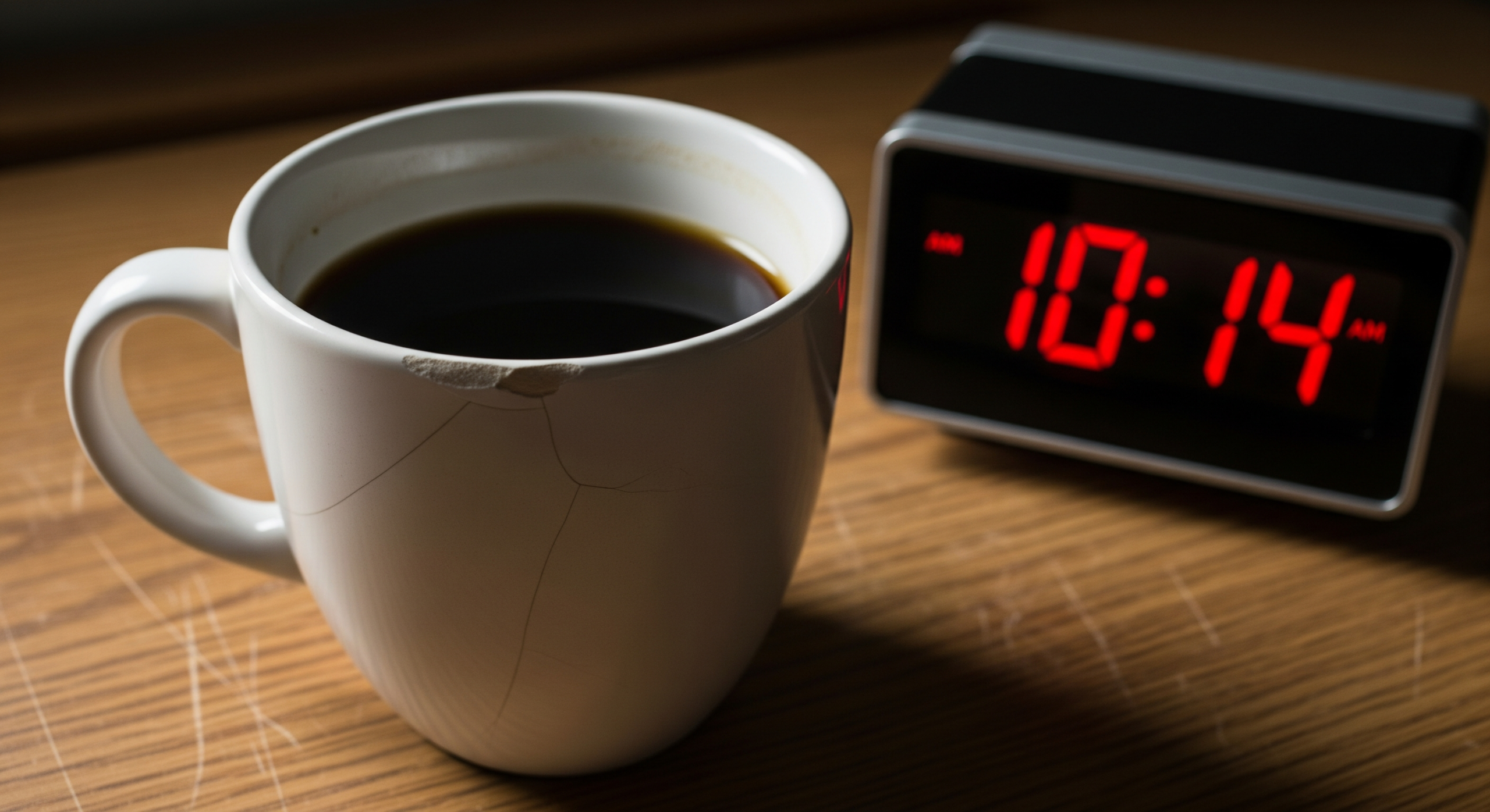 A chipped white mug filled with black coffee next to a digital clock displaying 10:14 AM on a wooden table in low light.