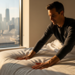 Man implementing morning micro-protocols by smoothing bed sheets in a sunlit bedroom overlooking the Chicago skyline.