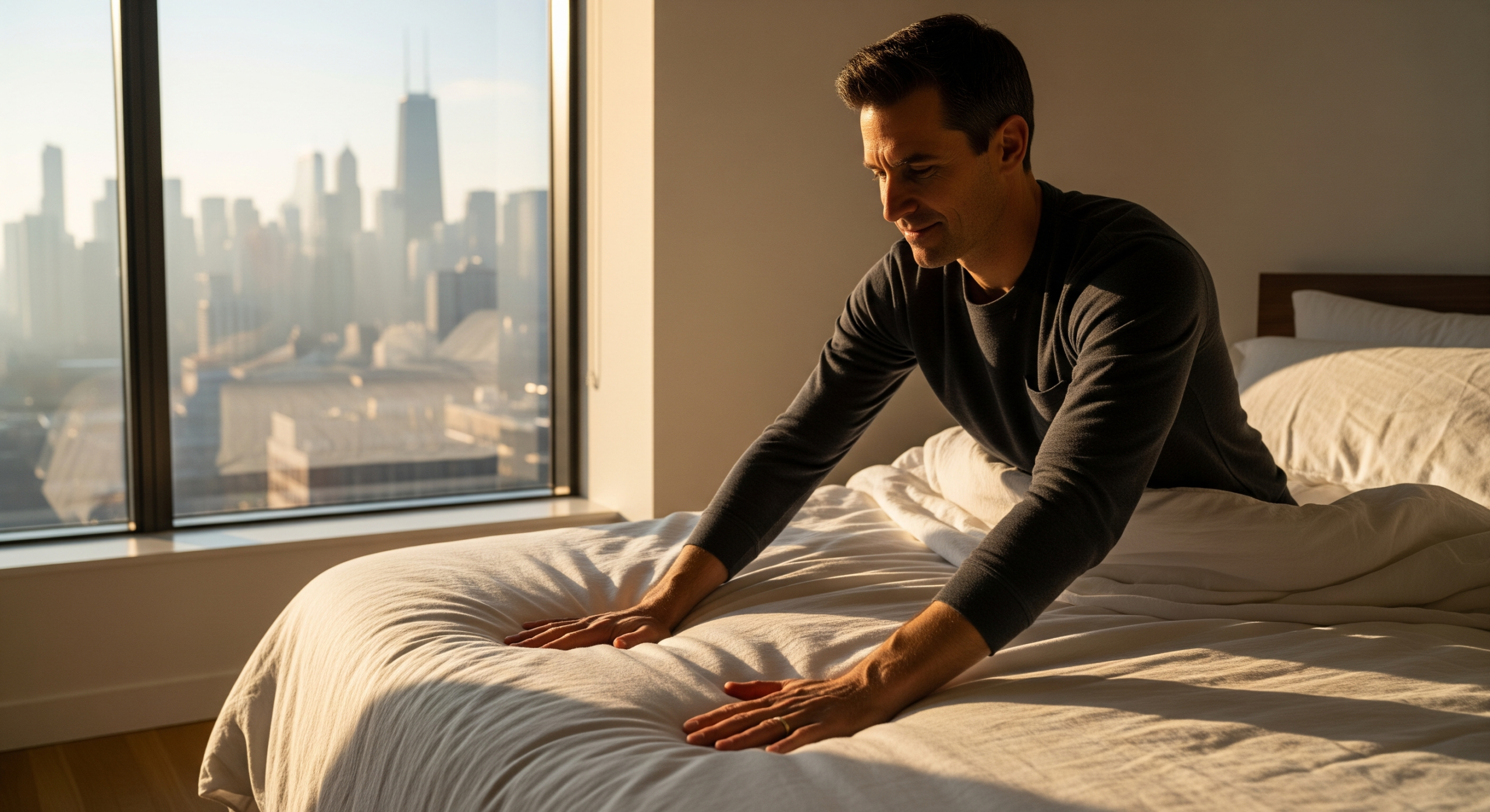 Man implementing morning micro-protocols by smoothing bed sheets in a sunlit bedroom overlooking the Chicago skyline.