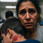 Distraught mother holding her young son with visible measles rash on his neck in a hospital hallway, highlighting the human cost of vaccine optionality measles outbreaks.