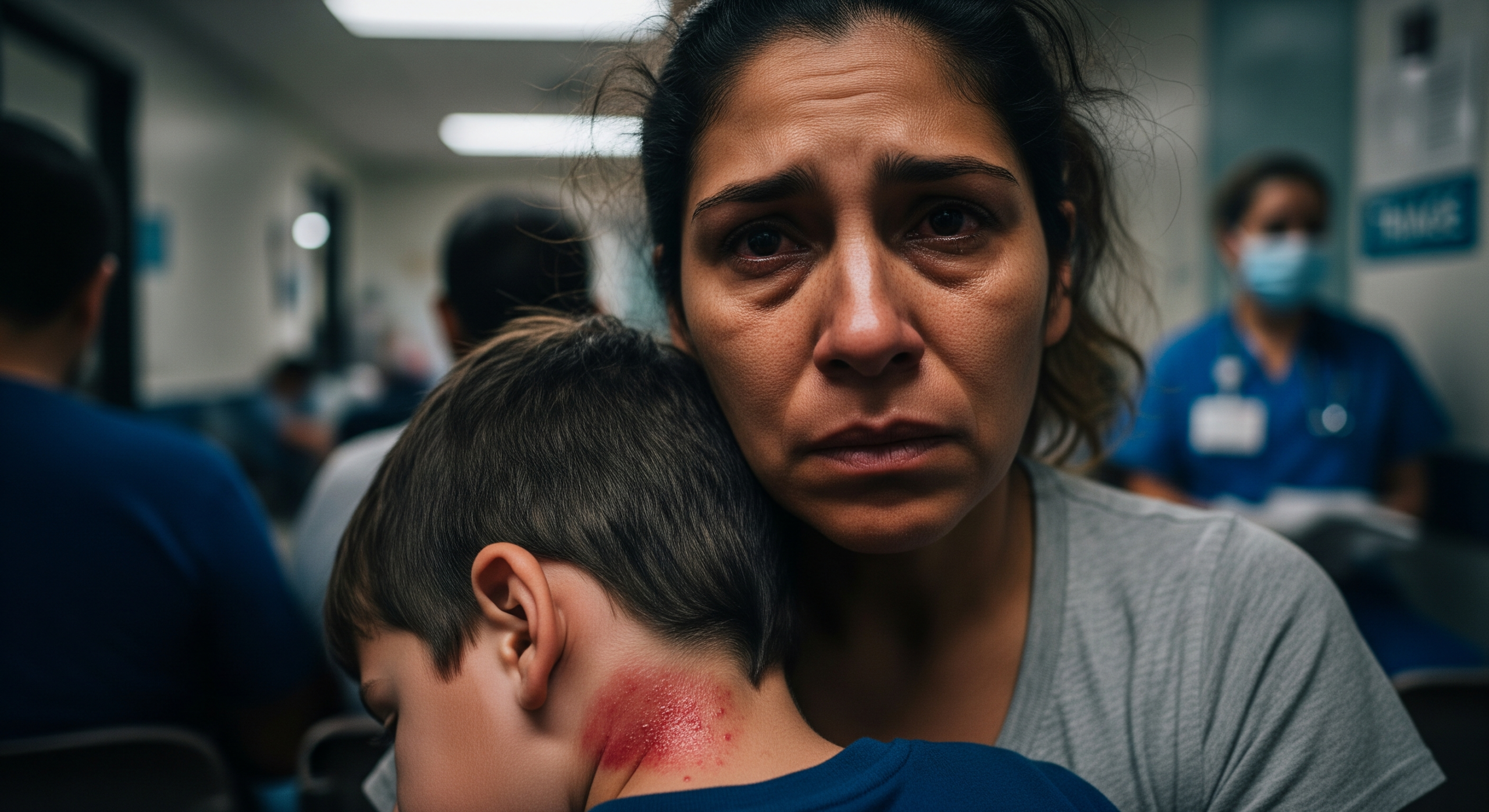 Distraught mother holding her young son with visible measles rash on his neck in a hospital hallway, highlighting the human cost of vaccine optionality measles outbreaks.