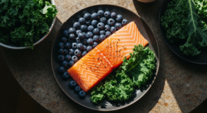 A top-down view of a nutritious meal featuring fresh salmon fillet seasoned with pepper, surrounded by vibrant blueberries and leafy green kale on a dark plate, with additional bowls of kale nearby, illustrating food as medicine in nutritional psychiatry.