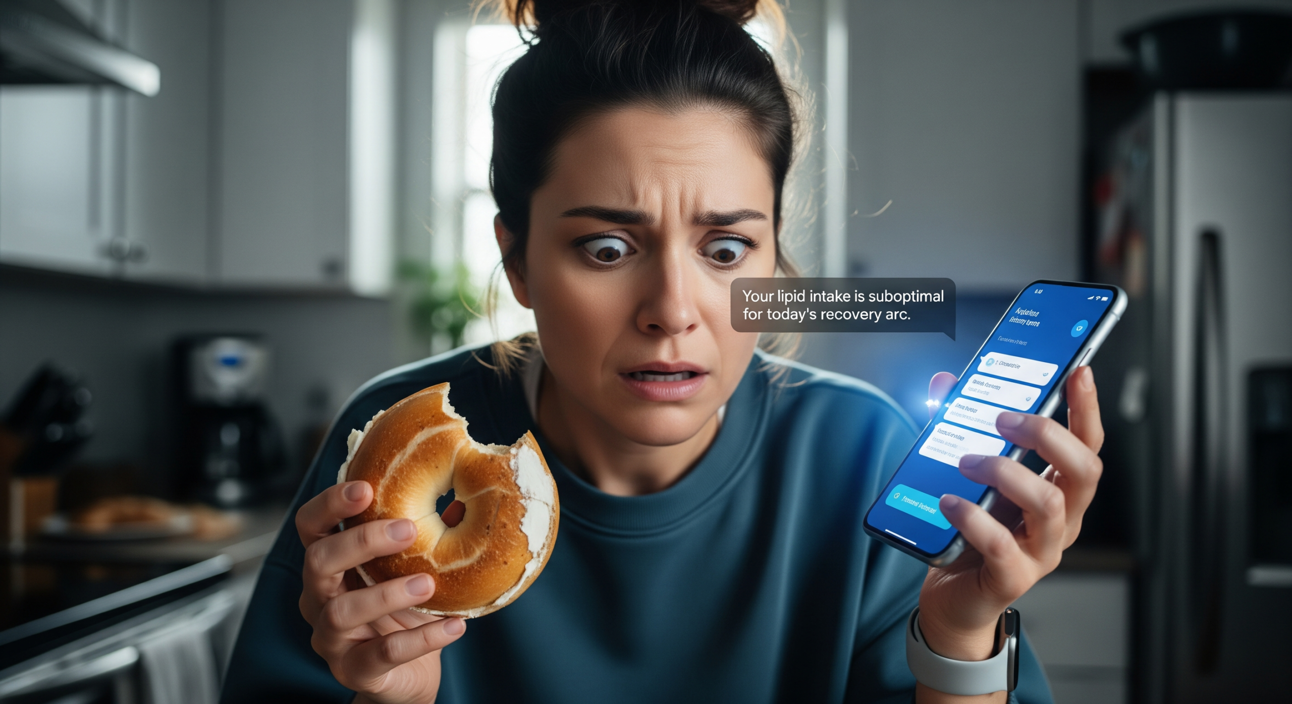 Woman shocked by personalized fitness technology app notification warning about suboptimal lipid intake while eating a bagel, illustrating fitness tech deception and the need to reclaim intuition.