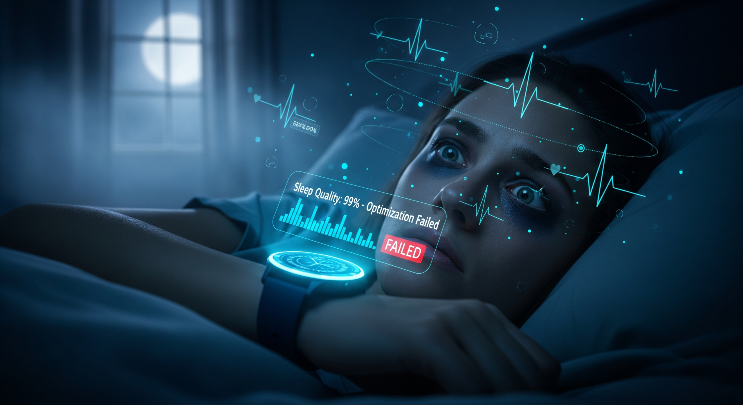 A high-tech interface showing failed sleep optimization metrics with high cortisol alerts