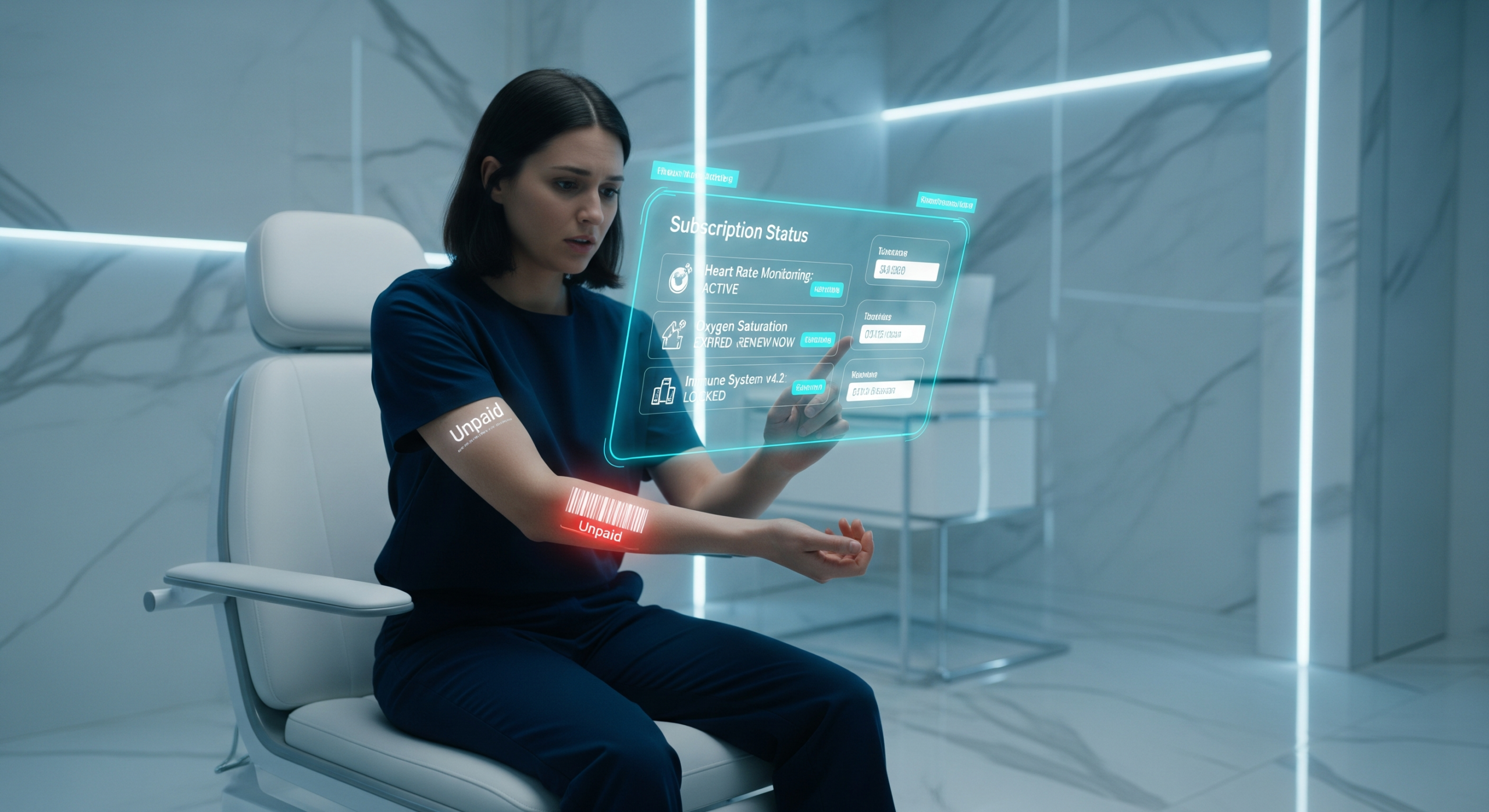 Conceptual art of digital chains representing subscription lockouts and biological data commodification