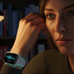Young woman studying under desk lamp wearing Apollo Neuro wearable tech device displaying stress response waveform on wrist, illustrating how gadgets hack the autonomic nervous system for mental health management.