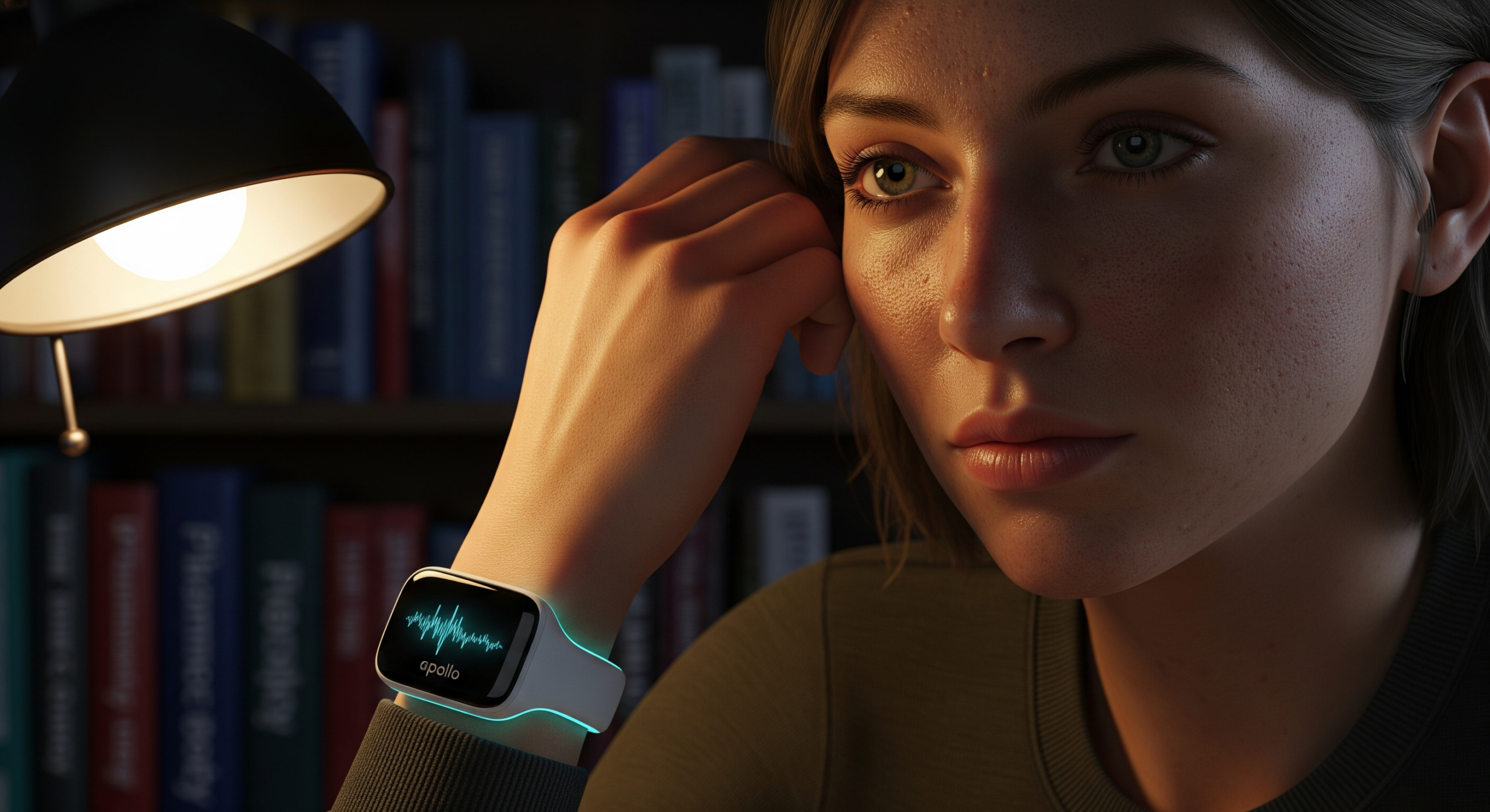 Young woman studying under desk lamp wearing Apollo Neuro wearable tech device displaying stress response waveform on wrist, illustrating how gadgets hack the autonomic nervous system for mental health management.