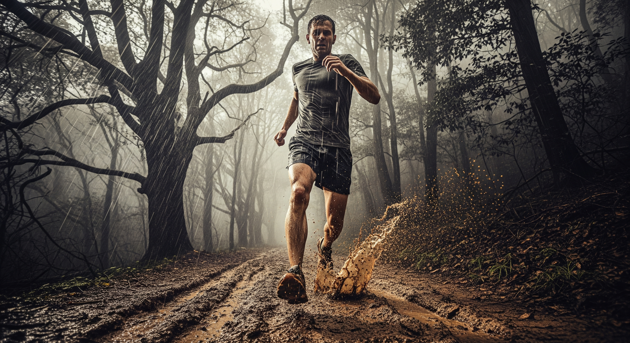 A high-contrast photo of a runner on a mountain trail at sunrise, with bare wrists and a look of intense focus