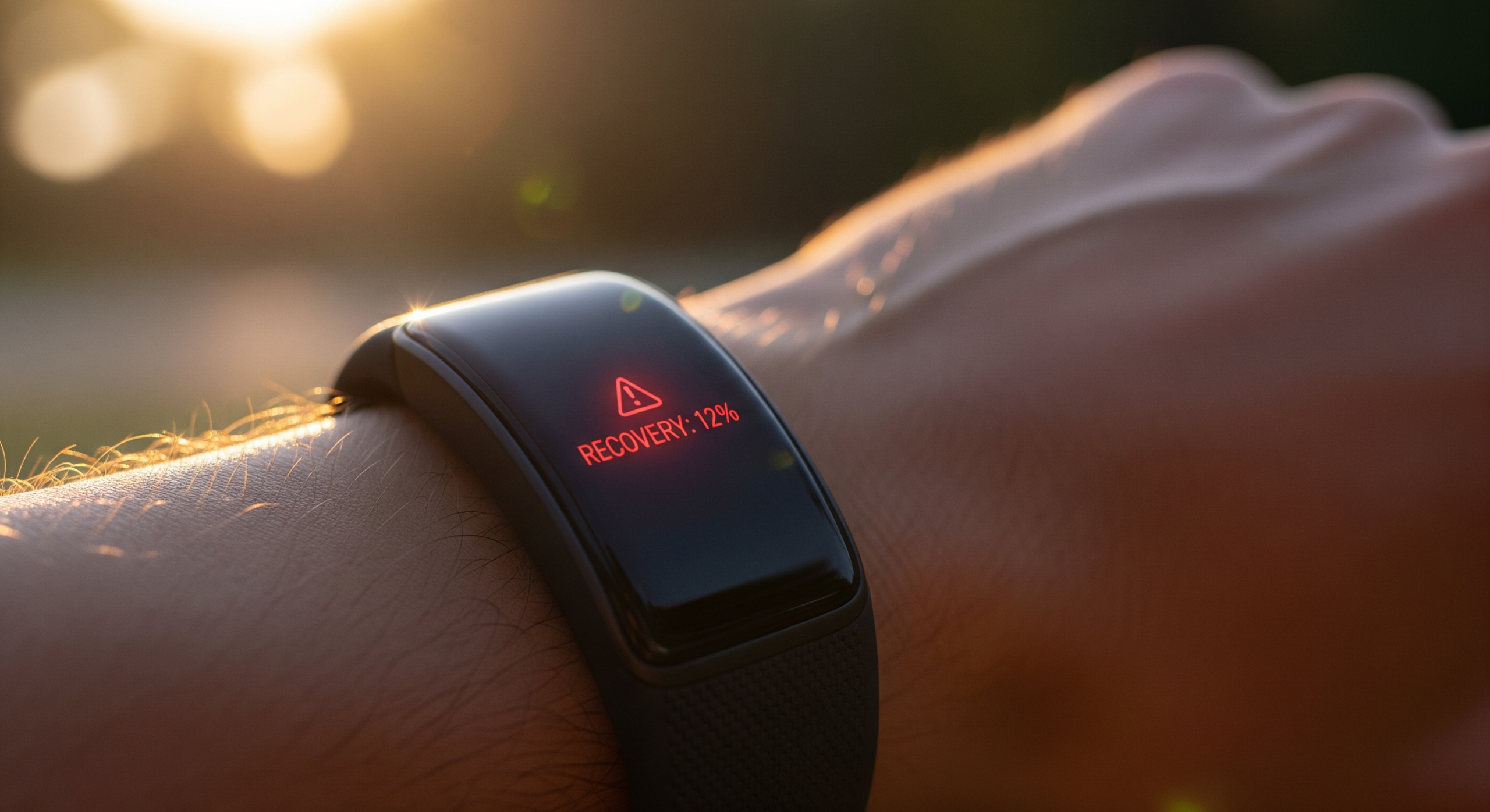 A sleek, futuristic wearable displaying a bright red Low Readiness score against a dark morning background