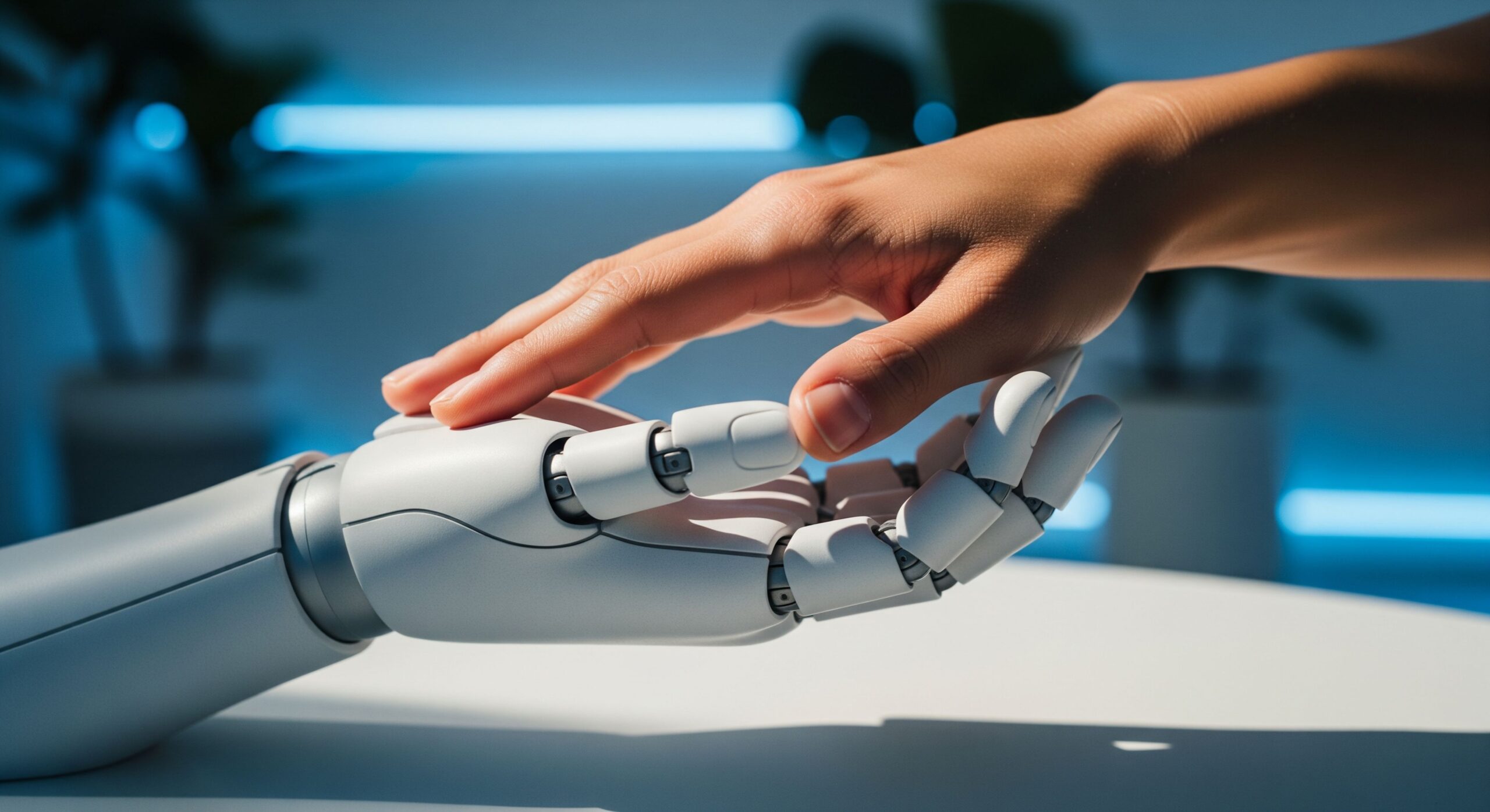 Human hand gently touching robotic hand, illustrating the rise of AI companions for emotional support and human-AI intimacy in 2026
