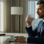 Professional man in suit at desk with computer, sipping water thoughtfully, illustrating why 7 hours isn't enough sleep for maintaining focus and energy during demanding workdays