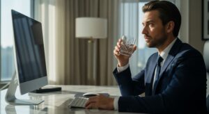 Professional man in suit at desk with computer, sipping water thoughtfully, illustrating why 7 hours isn't enough sleep for maintaining focus and energy during demanding workdays
