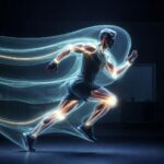 Athlete in motion with glowing energy trails highlighting muscles and joints, embodying Kinetic Medicine's role in reversing chronic decay.