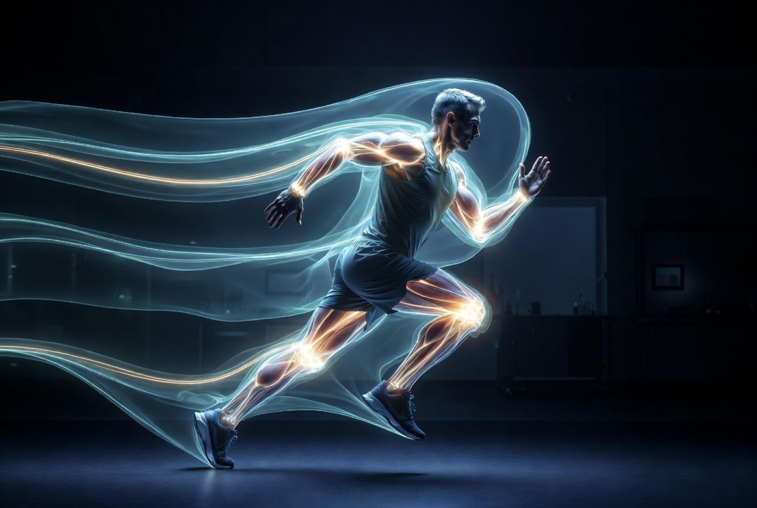 Athlete in motion with glowing energy trails highlighting muscles and joints, embodying Kinetic Medicine's role in reversing chronic decay.